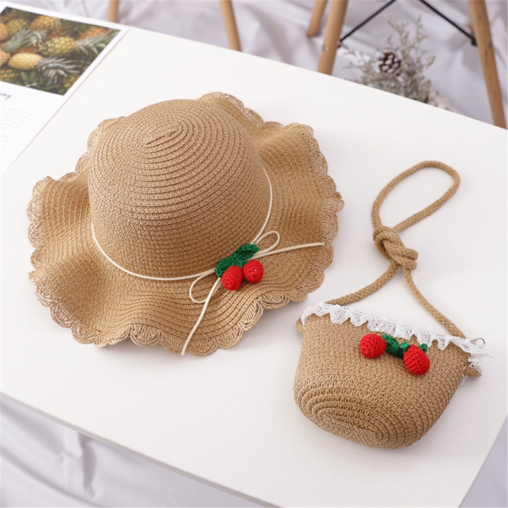 Túi/ mũ cói rộng vành đính quả cherry dễ thương thời trang cho bé gái
