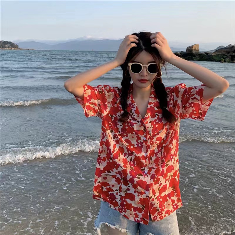 Áo sơ mi SUXI tay ngắn dáng rộng in họa tiết hoa màu đỏ phong cách vintage thời trang mùa hè dành cho nữ