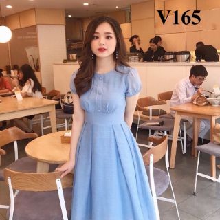 Đầm  xoè  nút  Bộc  tay  phồng