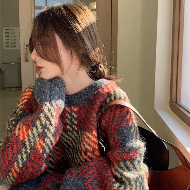 Áo Sweater Dệt Kim Tay Dài Dáng Rộng In Họa Tiết Caro Kiểu Vintage Thời Trang Mùa Thu Cho Bạn Gái