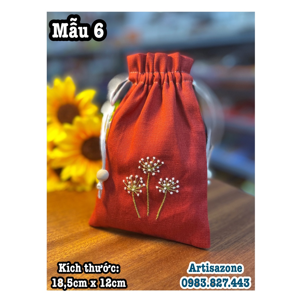 Túi vải dây rút thêu hoa mini, kích thước: 18cm x 12cm  - 01 chiếc -