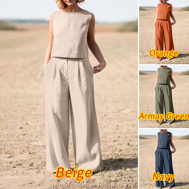 Zanzea Set Áo Dây Nữ Cộc Tay Cổ Tròn + Quần Dài Ống Loe Thời Trang Nữ