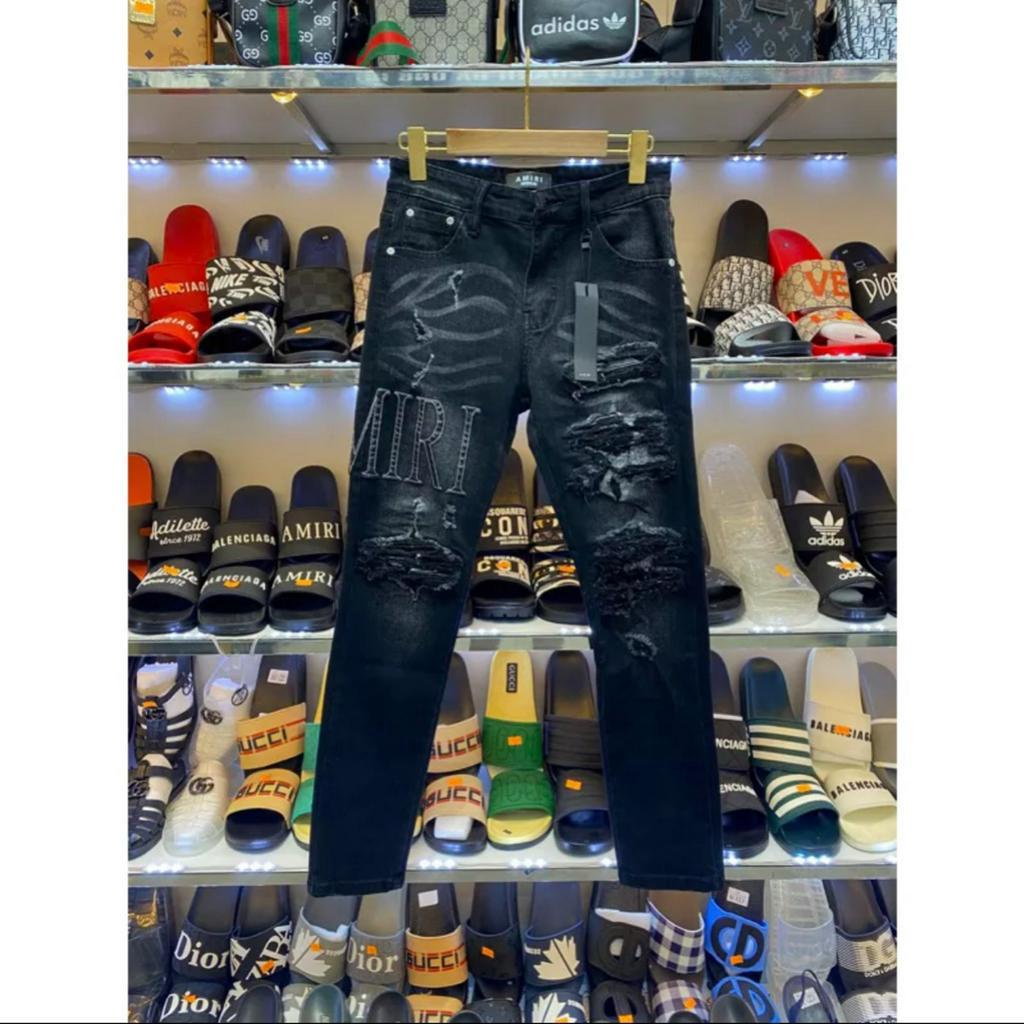Quần jean bò nam Amiri skinny likeauth rách xù đùi gối vá vải nhăn sọc đen trắng 4 cúc cài mới 012