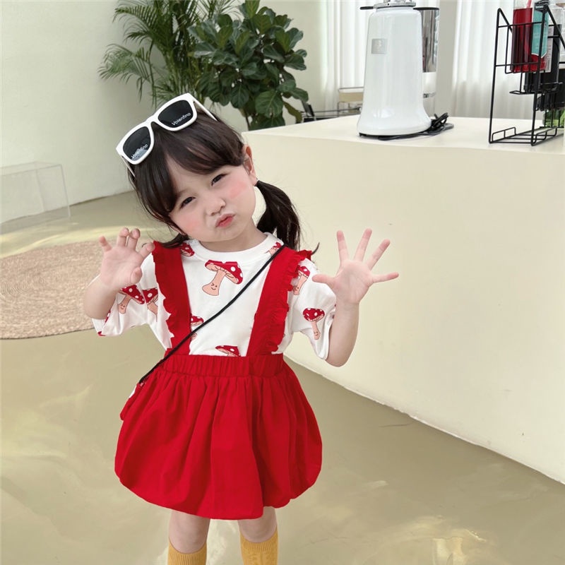 Bộ Áo Thun Ngắn Tay In Họa Tiết Trái Cây + Chân Váy Yếm Thời Trang Mùa Hè Dễ Thương Dành Cho Bé Gái 2022