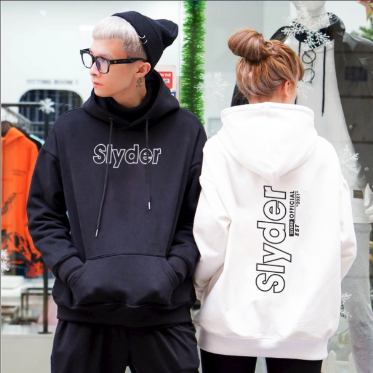 Áo nỉ Hoodie cổ tròn Slyder SS1-2 màu đen trắng nam nữ form rộng Unisex