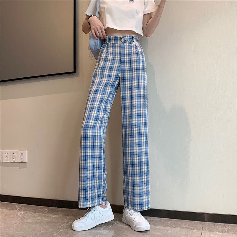 Spring and summer new plaid high waist drape loose and versatile straight-leg pants，cheap borong of Koreanfashion women's clothing readystock 210517