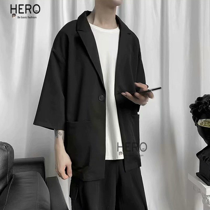 (Áo sơ mi nam)Áo Blazer Nam Tay Lỡ Form Dáng Rộng Màu Đen Thời Trang  HERO Khoác Mùa Hè Phong Cách Hàn Quốc BZ