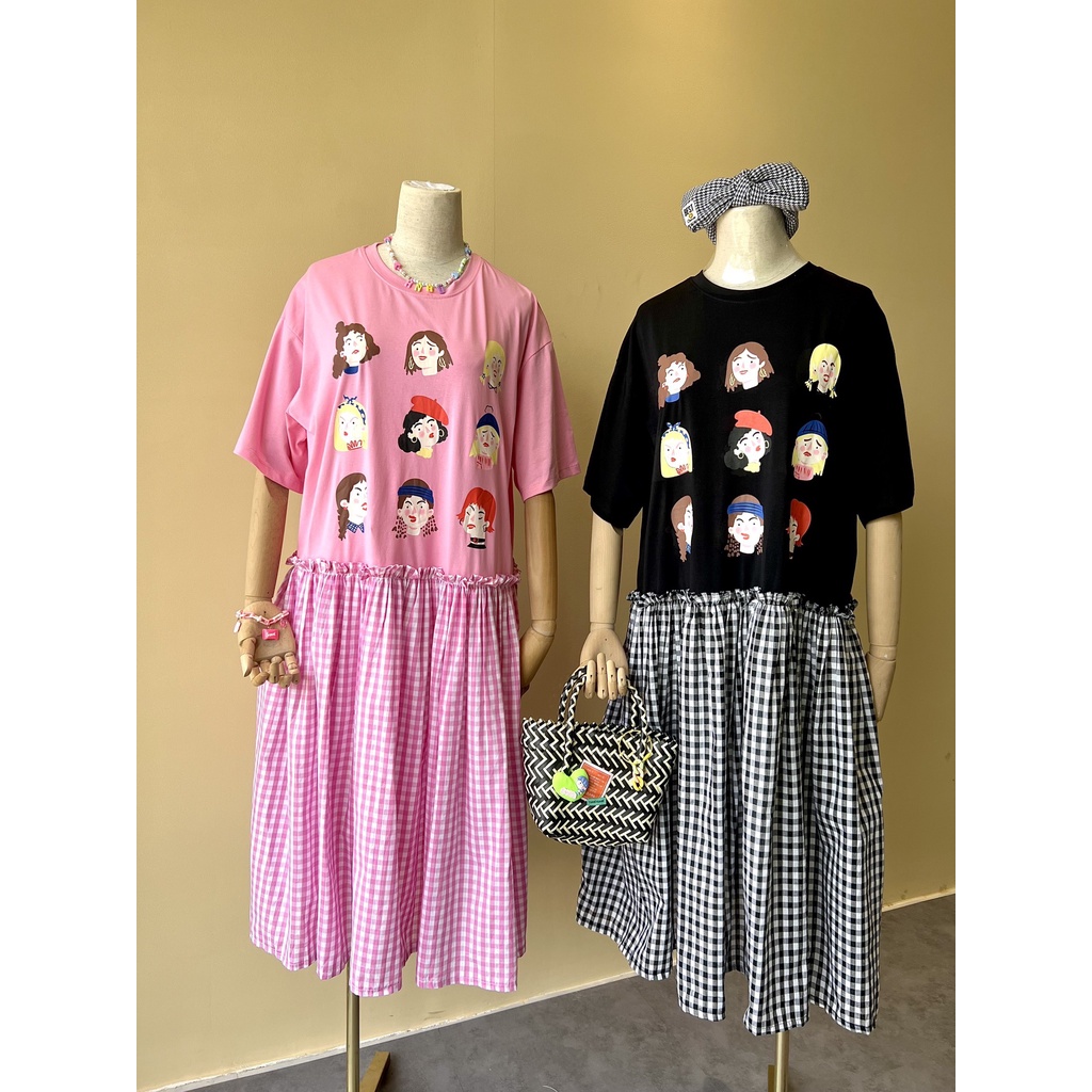 Đầm Suông Đuôi Cá Phối Caro, Họa Tiết Dễ Thương - HN215