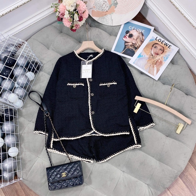 Set dạ viền dây kết nhũ vải dạ vân nổi | Hàng hai lớp áo kèm quần | BigBuy360 - bigbuy360.vn