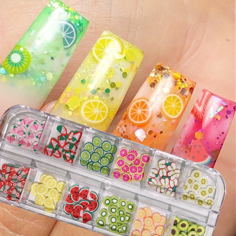 Hộp 12 ngăn hạt phụ kiện trang trí móng tay hình trái cây 3d nhiều kiểu sáng tạo