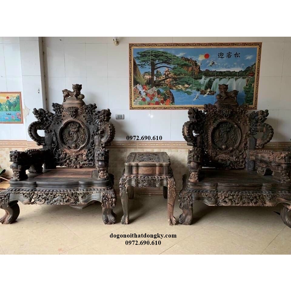 Bộ Bàn Ghế Rồng Đỉnh Gỗ Mun Lào 12 Món