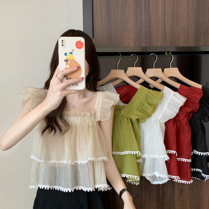 Chiffon Halter Off Shoulder O-neck Tank Tops Sleeveless T-shirt Áo Sơ Mi Tay Ngắn Cổ Vuông Phong Cách Pháp Thời Trang Mùa Hè Xinh Xắn Cho Nữ shoulder strap Vest