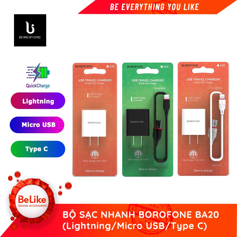 Bộ Củ Cáp Sạc Nhanh Borofone B20A Chân Micro USB ✔️Type C ✔️Lightning - Bảo hành 6 tháng 1 đổi 1