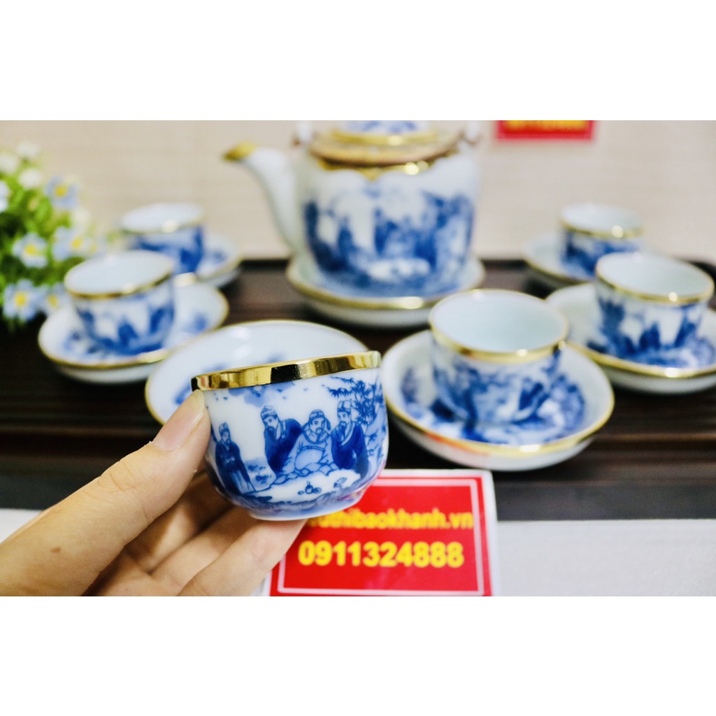 -Bộ ấm chén Trúc Lâm Thất Hiền bọc đồng vẽ vàng 300ml