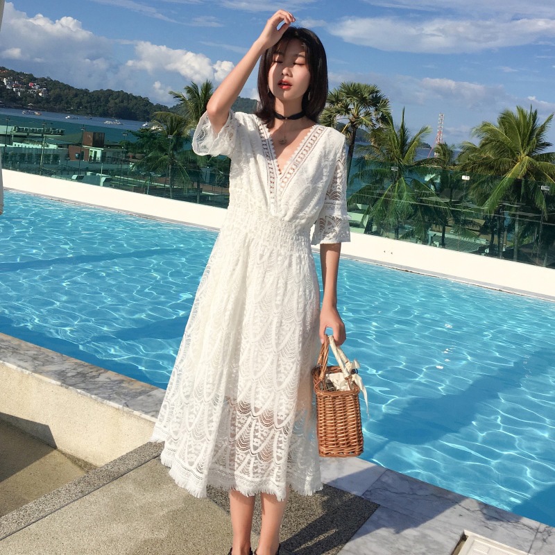 IELGY Đầm Ren Mỏng Tay Ngắn Cổ Chữ V Màu Trơn Thời Trang Dành Cho Nữ