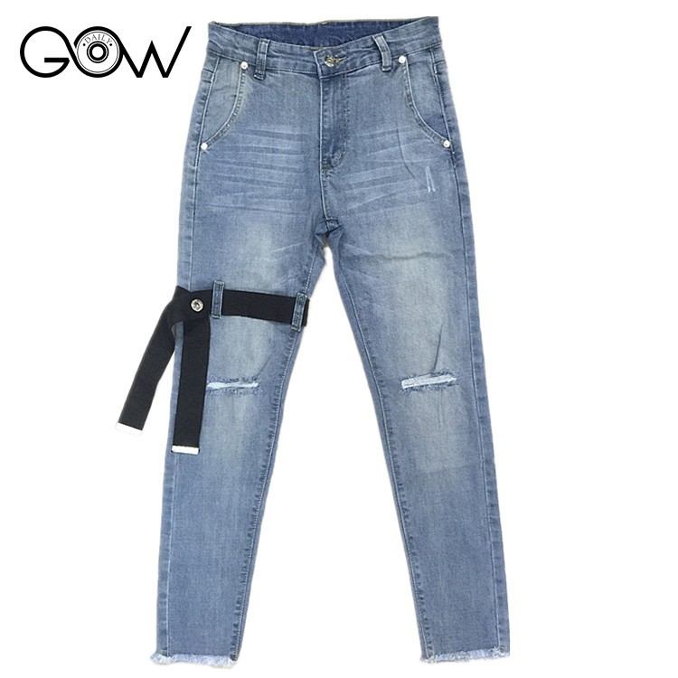 Quần jean nam Gowdaily phong cách streetwear rách gối có đai đùi dáng Slimfit, Xanh D091 | BigBuy360 - bigbuy360.vn