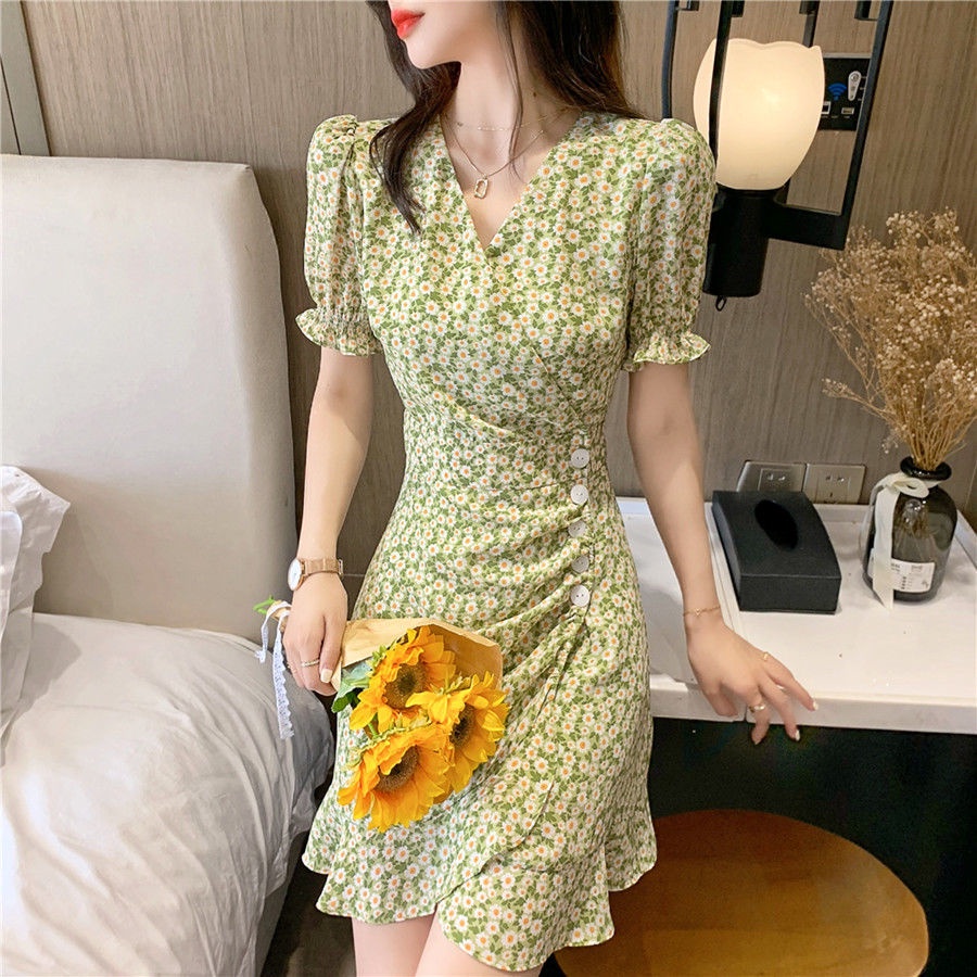 Đầm Hoa Tay Phồng Cổ Chữ V Lưng Cao Thời Trang 2022 Mới Phong Cách Pháp Cho Nữ