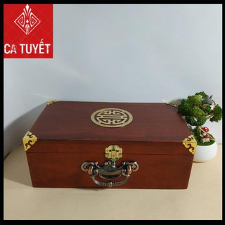 Hộp đựng trang sức, hộp đựng con dấu công ty gỗ hương mặt giáp chữ thọ vàng có quai xách bằng đồng