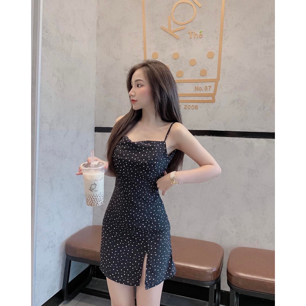 Váy chấm bi tôn body khoét lưng 2 dây 2 màu VN02