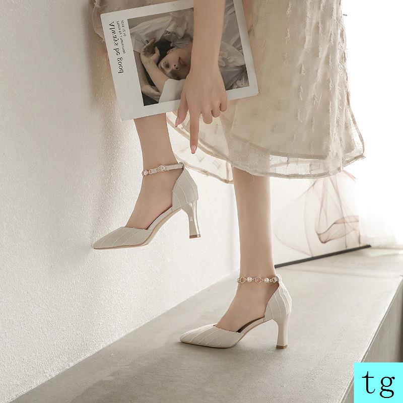 Giày cao gót sandal đế dày thời trang xuân thu phong cách mới 2021 dành cho nữ