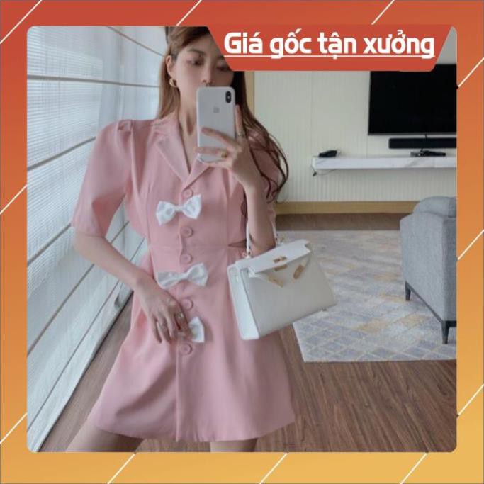 Free Ship - Đầm Cut Out Nữ Cổ Vest , Cộc Tay Cúc Cài Phối Nơ 2 Màu Q049
