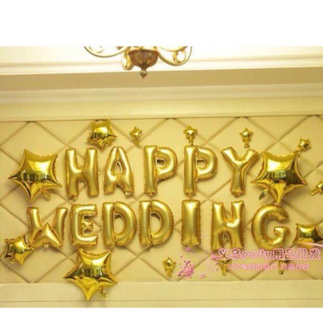 Bóng chữ Happy Wedding màu vàng/bạc/đỏ/hồng