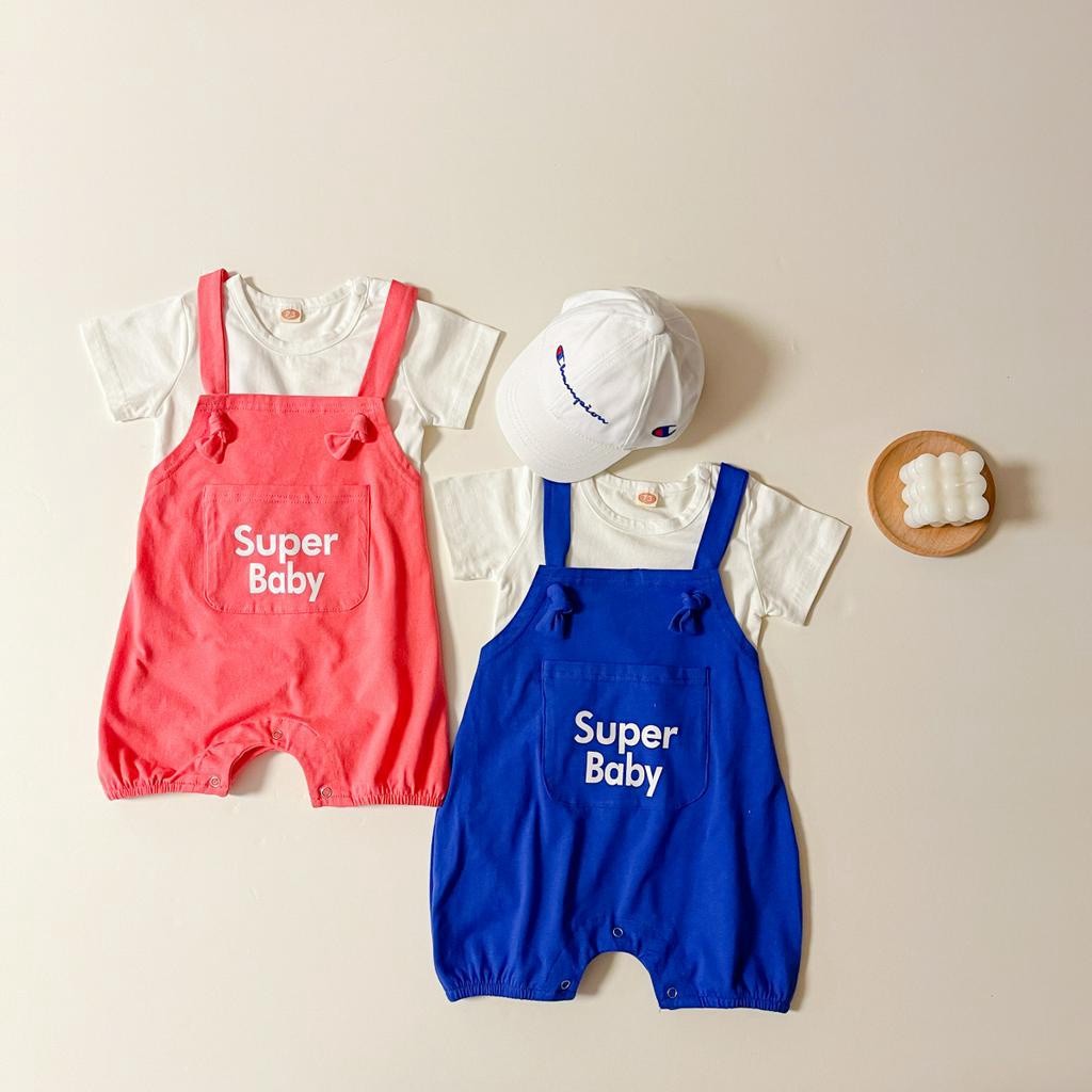 Set áo thun ngắn tay cổ tròn + quần short yếm có dây đeo vai thời trang cho bé trai