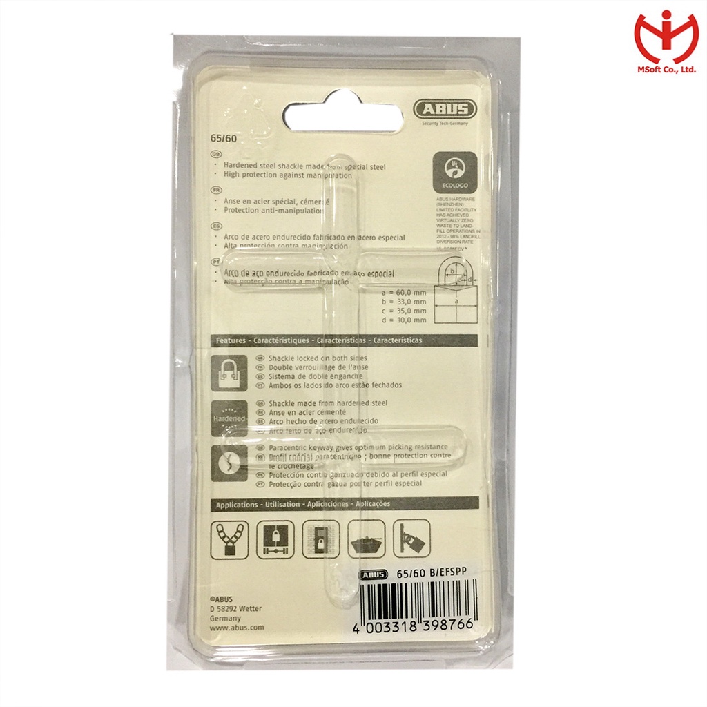 Ổ khóa ABUS 65/60 thân đồng 60mm chìa răng cưa - MSOFT