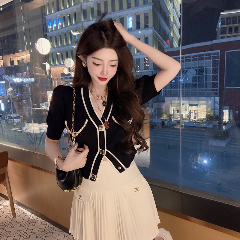 SUXI Áo Cardigan Ngắn Tay Cổ Chữ V Màu Sắc Tương Phản Đơn Giản Thời Trang Mùa Hè Cho Nữ