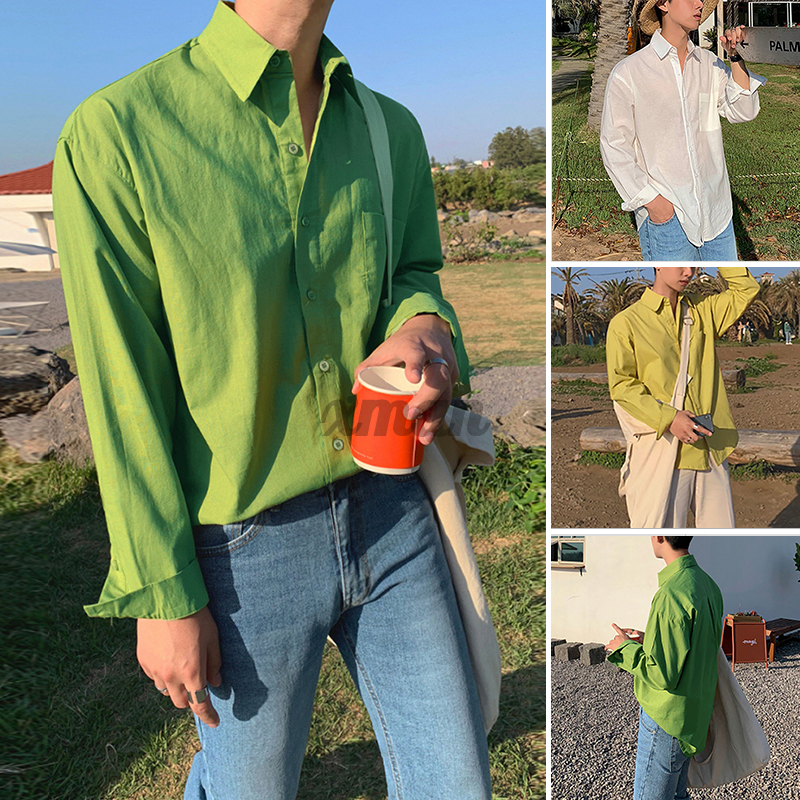 Áo Sơ Mi Nam Tay Dài Dáng Rộng Màu Trơn Thời Trang