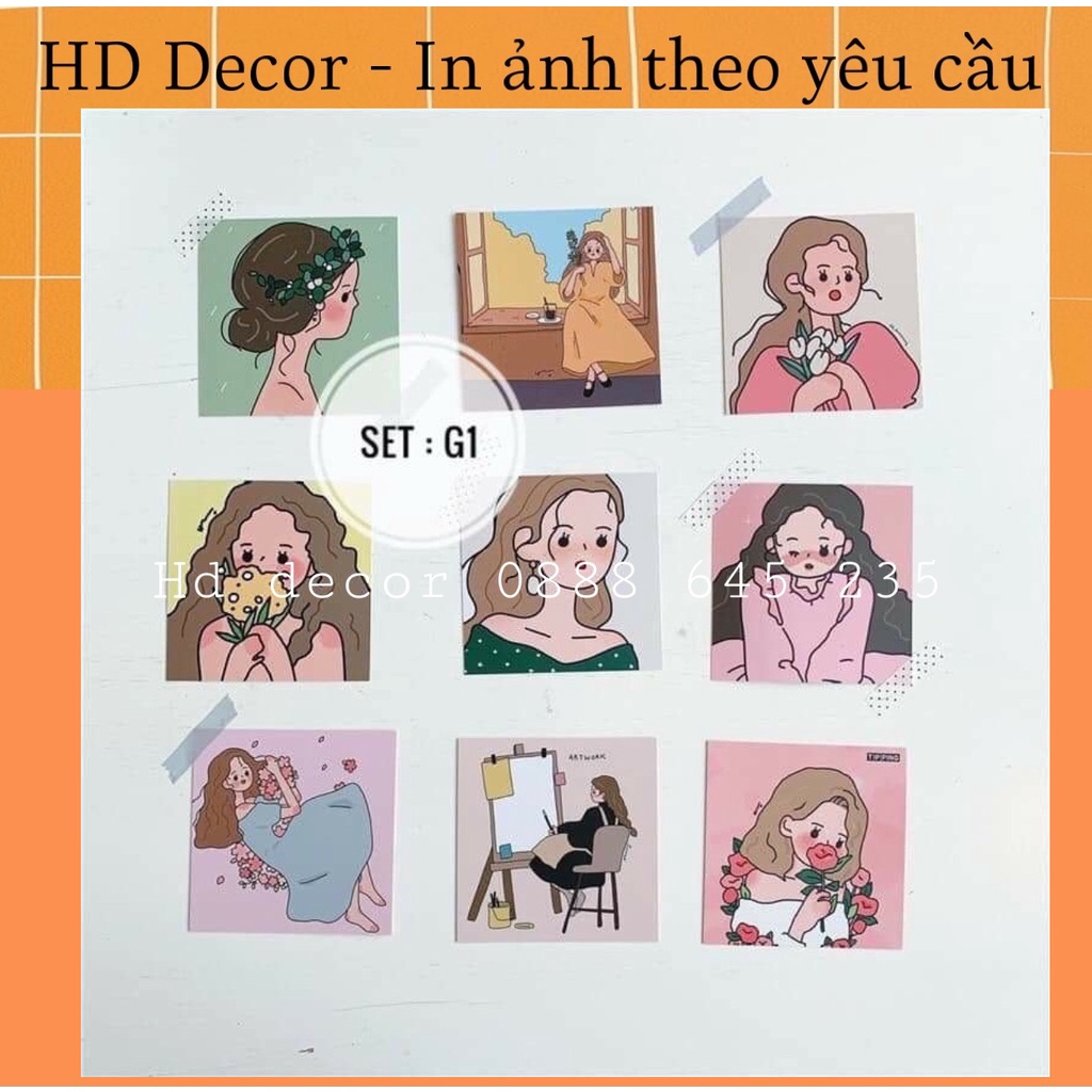 [ FreeShip ] Set 9 tấm thiệp postcard CÔ GÁI VÀ HOA có sẵn decor trang trí phòng siêu cute