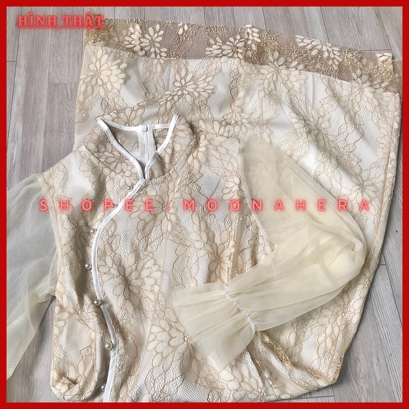 Sườn xám cách tân🌸 phối ren hoa xẻ tà dáng váy dài quảng châu