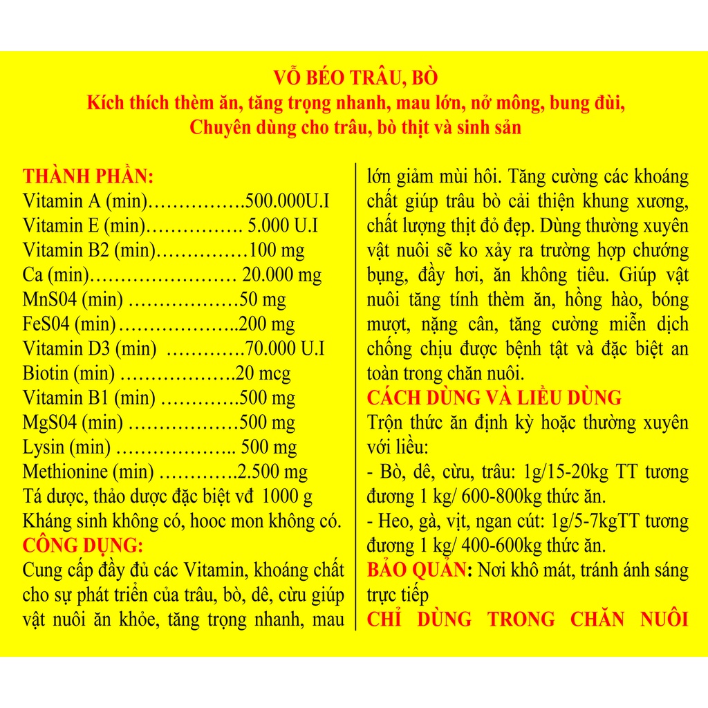 1 kg VỖ BÉO TRÂU, BÒ, CHÓ, KÍCH THÍCH THÈM ĂN, TĂNG TRỌNG NHANH, MAU LỚN, NỞ MÔNG, BUNG ĐÙI, CHUYÊN DÙNG CHO TRÂU, BÒ