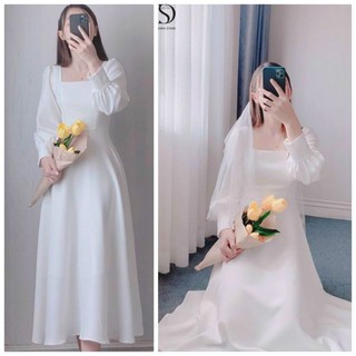 váy trắng dự tiệc công chúa, chụp ảnh cưới cổ vuông công chúa kiểu dáng basic kèm ảnh thật MS539