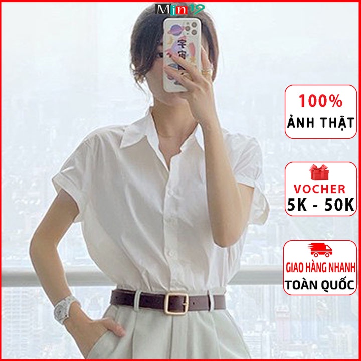 Áo Sơ Mi Nữ Tay Ngắn Công Sở Hàn Quốc Form Rộng Oversize Họa Tiết Trơn Công Sở Đi Học Đi Chơi Màu Trắng Thời Trang