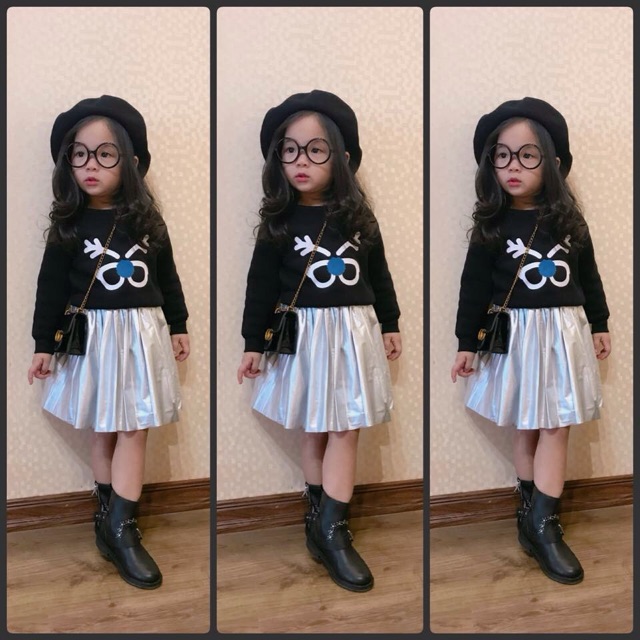 Set áo nỉ + váy da bé gái 