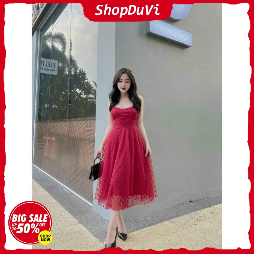 Đầm Dự Tiệc Nữ , Đầm 2 Dây Có Mút Phối Lưới Chấm Bị 3 Màu Trắng Kem Đỏ Dáng Xòe