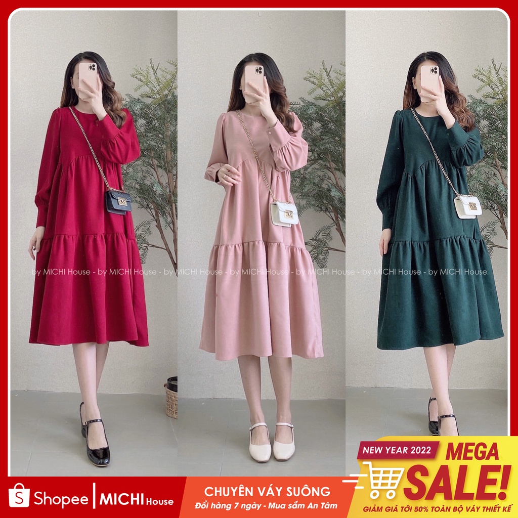 Đầm Suông Dài Thiết Kế Dáng Xuông Rộng MICHI House Váy Xuông Nhung Cổ Tròn Dài Tay Freesize Thu Đông Mặc Bầu Xinh V326
