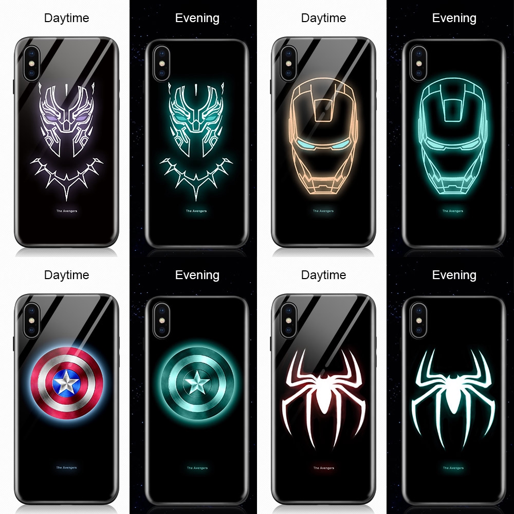 Ốp Điện Thoại Kính Dạ Quang In Hình Siêu Anh Hùng Marvel Avengers Cho iPhone XS Max XR X 6 6s 7 8 Plus 5 5S SE