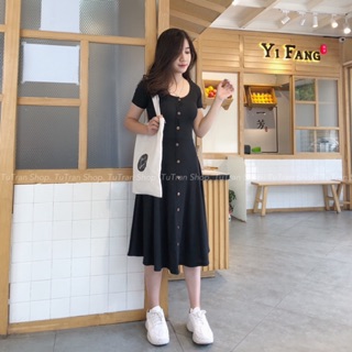 Váy cộc tay cotton tăm cúc dọc