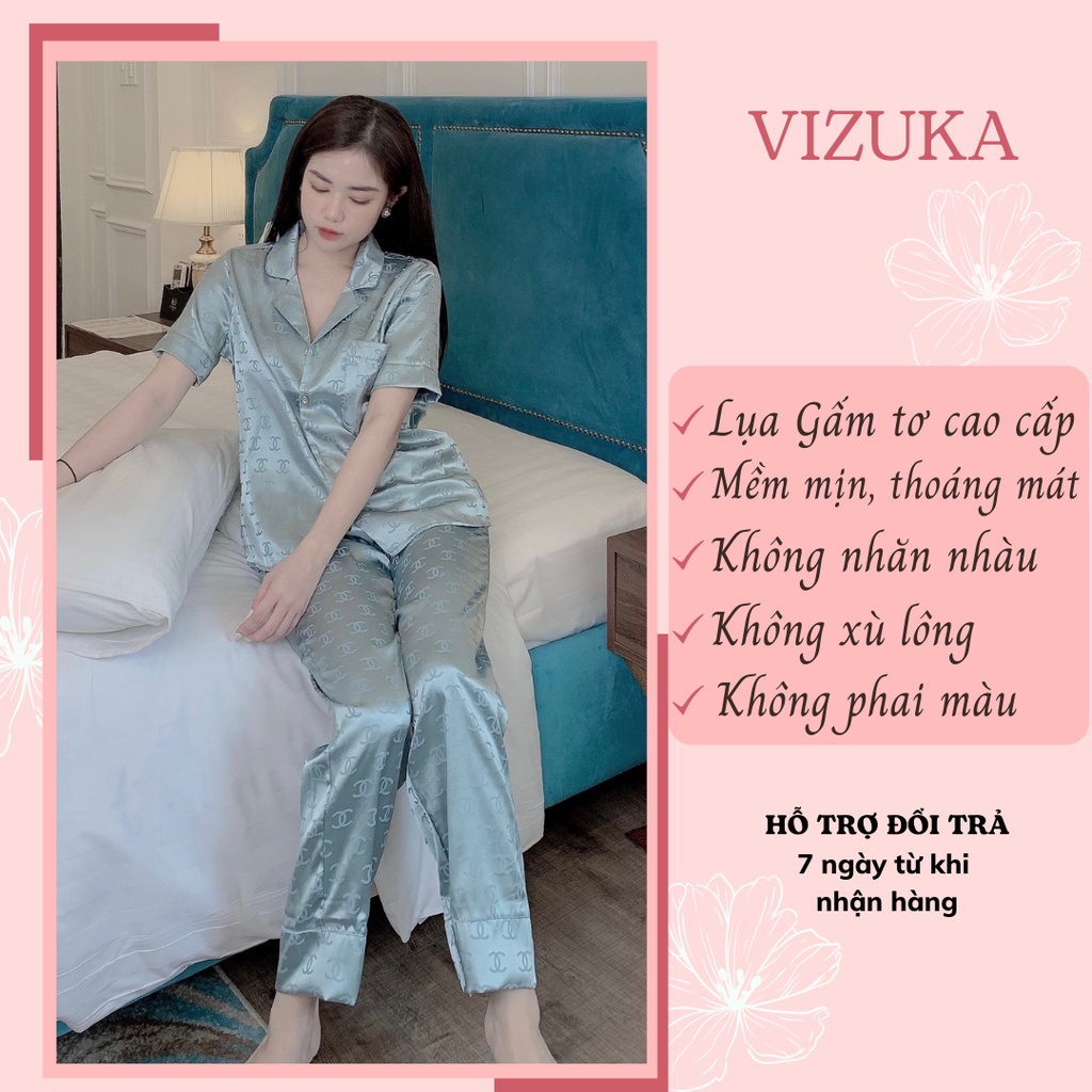 Đồ ngủ nữ bộ pijama lụa gấm tay ngắn quần dài cao cấp VIZUKA