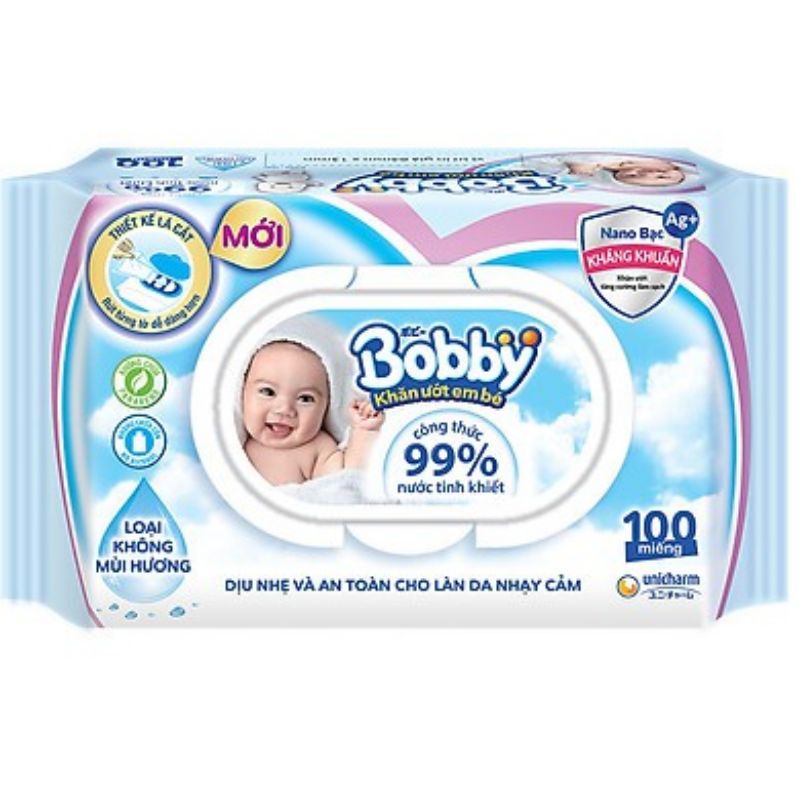 Gói 100 tờ khăn ướt Bobby Care không mùi