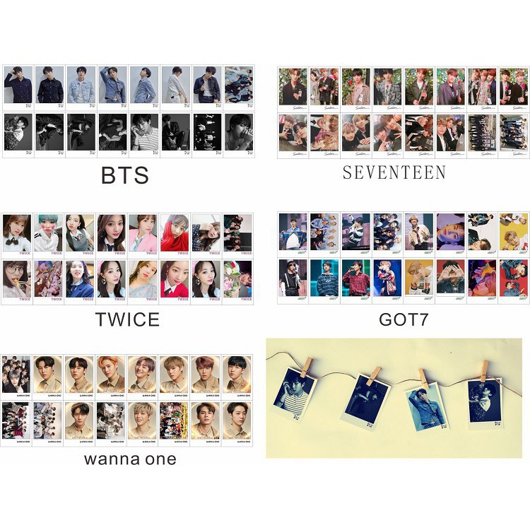 (10 tấm 5 kẹp gỗ có dây) Lomo BTS wanna one twice bộ ảnh hộp 30 ảnh thẻ hình nhóm nhạc idol Hàn quốc