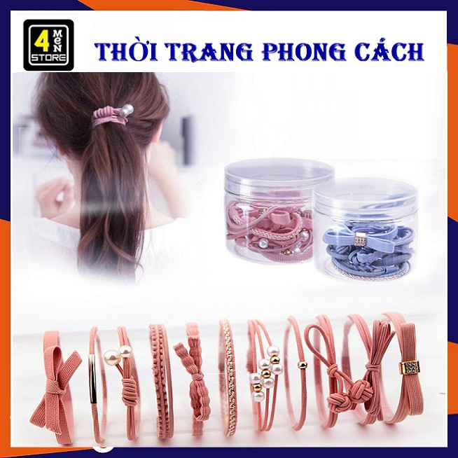 Set 12 Dây Cột Tóc Co Giãn, thiết kế thắt nơ đính hạt châu dễ thương - Túi 12 Thun Cột Tóc Hàn Quốc Dễ Thương