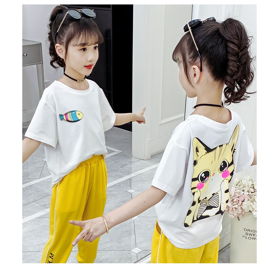 Áo thun bé gái đến size đại. Áo phông bé gái size đai từ 20 -50kg họa tiết mèo xinh sau lưng AG902