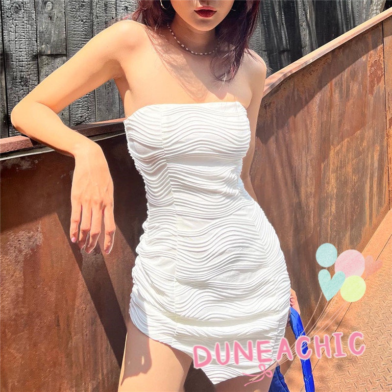 DUNEA Đầm Trễ Vai Màu Trơn Thiết Kế Thắt Dây Độc Đáo Cho Nữ