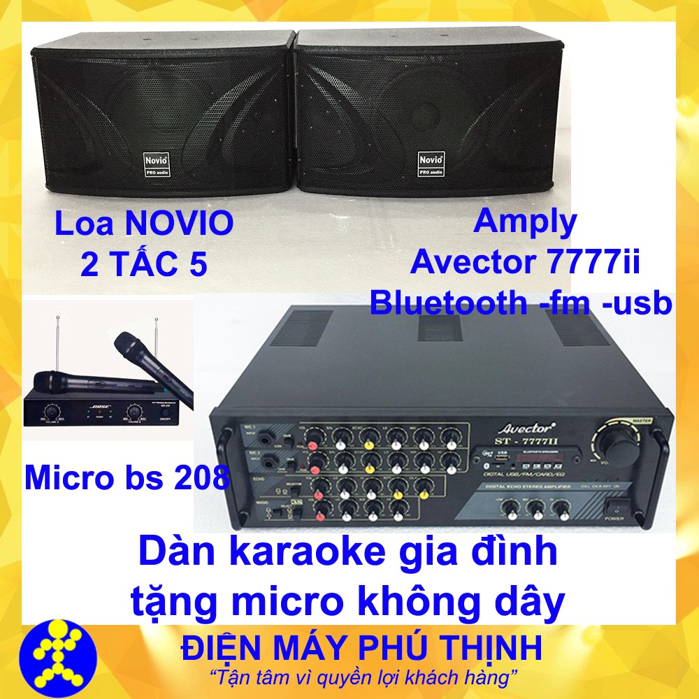 Dàn karaoke gia đình Loa Novio 2t5 sơn pu - amply bluetooth avector 7777ii tặng micro bs 208 - 10m dây loa