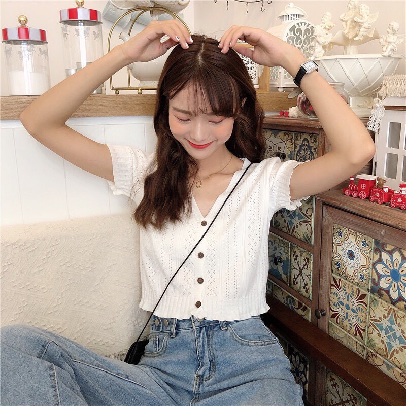 Áo len tăm nữ ulzzang ngắn tay dệt kim phối khuy phong cách Jennie - Roxie | BigBuy360 - bigbuy360.vn