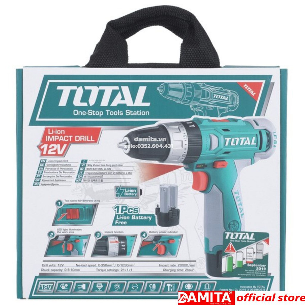 Máy khoan búa dùng pin Total TIDLI228120 - 2 pin Li-on 12V