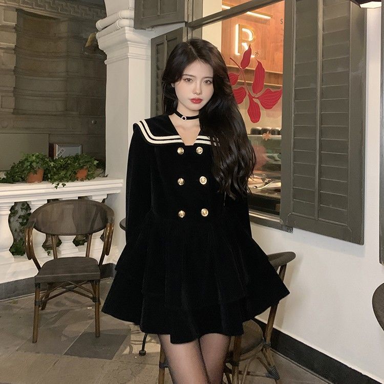 Đầm Xòe Cổ Hải Quân Màu Đen Thời Trang Mùa Xuân Cho Nữ